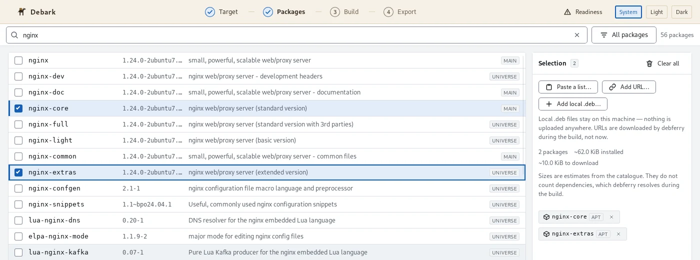 Debark desktop app showing nginx search results and a selection panel.